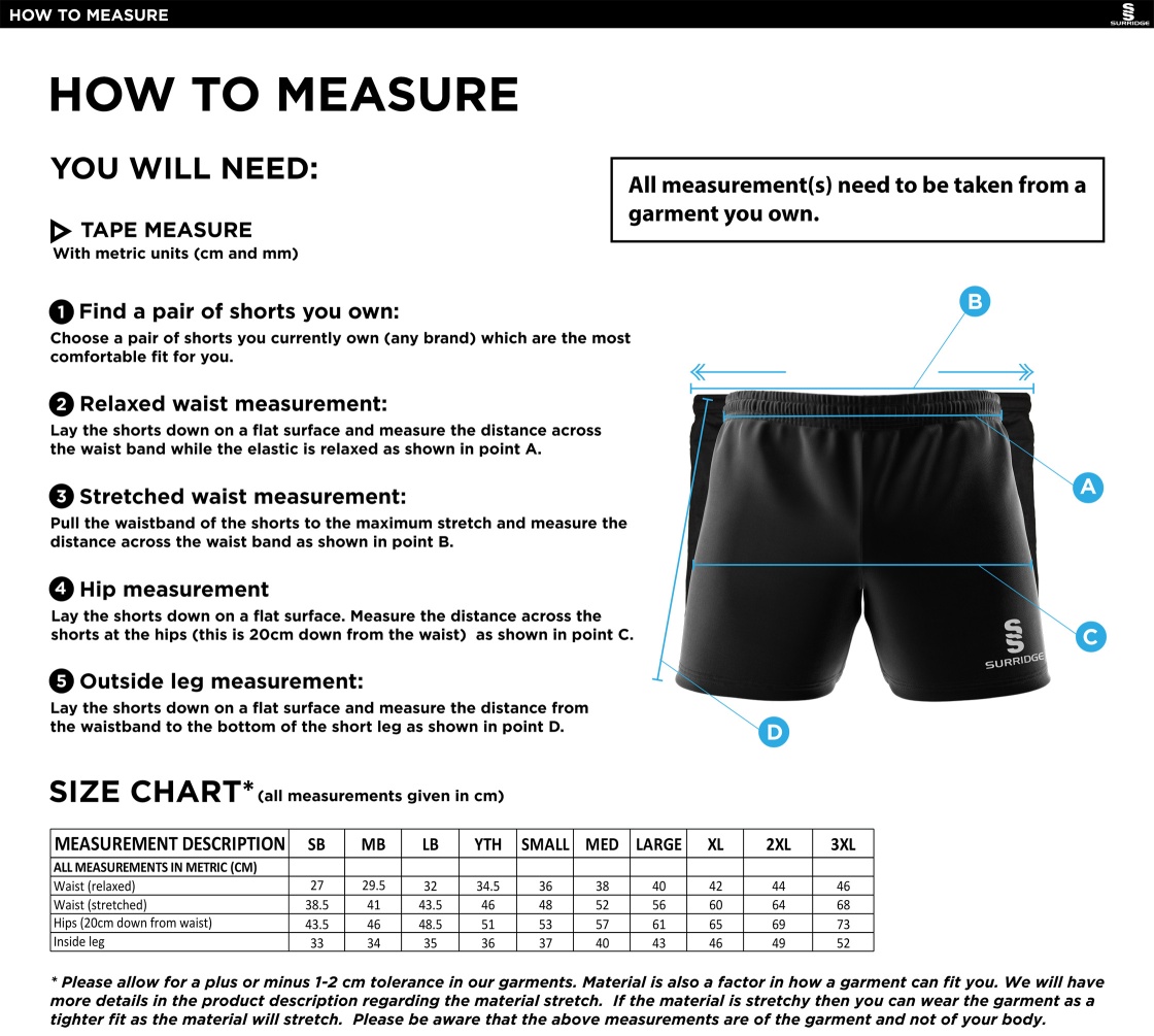 Winterton Cricket Club - Dual Gym Shorts - Size Guide