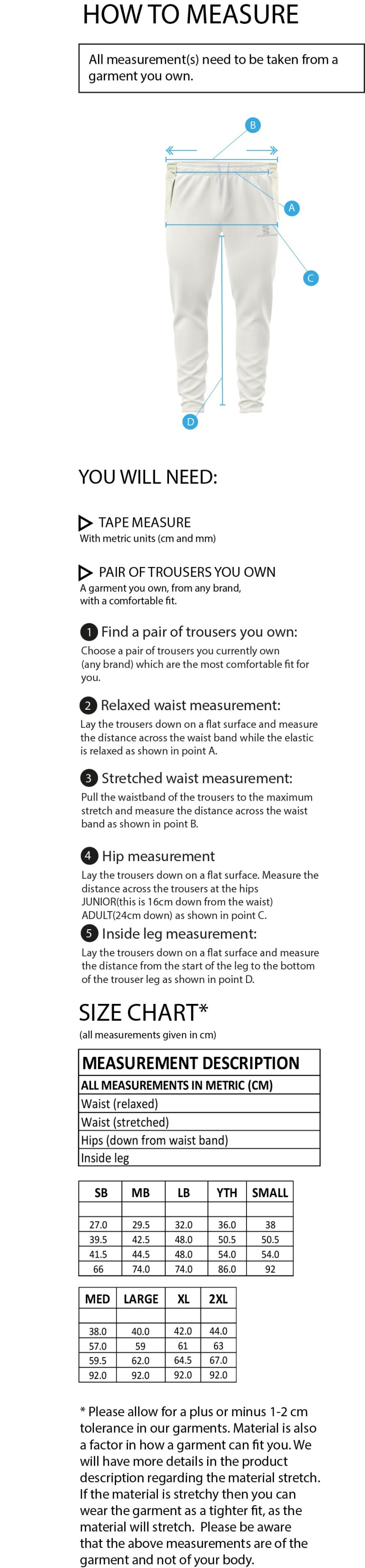 Winterton Cricket Club - Coloured Cricket Trousers - Size Guide
