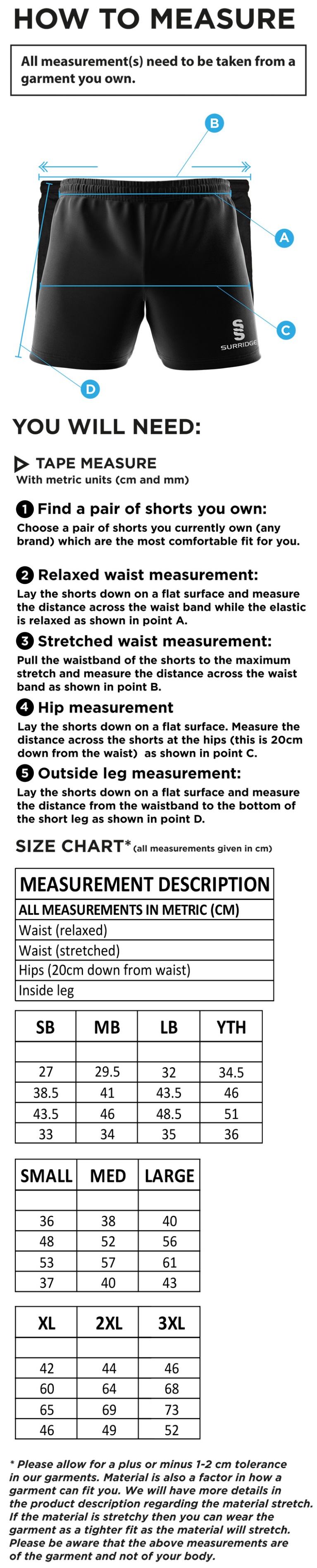 Winterton Cricket Club - Dual Gym Shorts - Size Guide