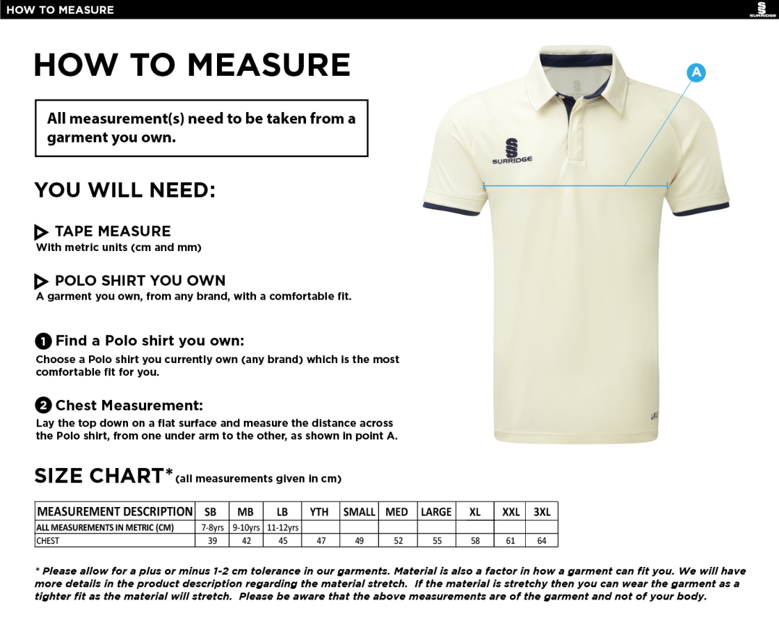 Winterton Cricket Club - Ergo Short Sleeve Cricket Shirt - Size Guide