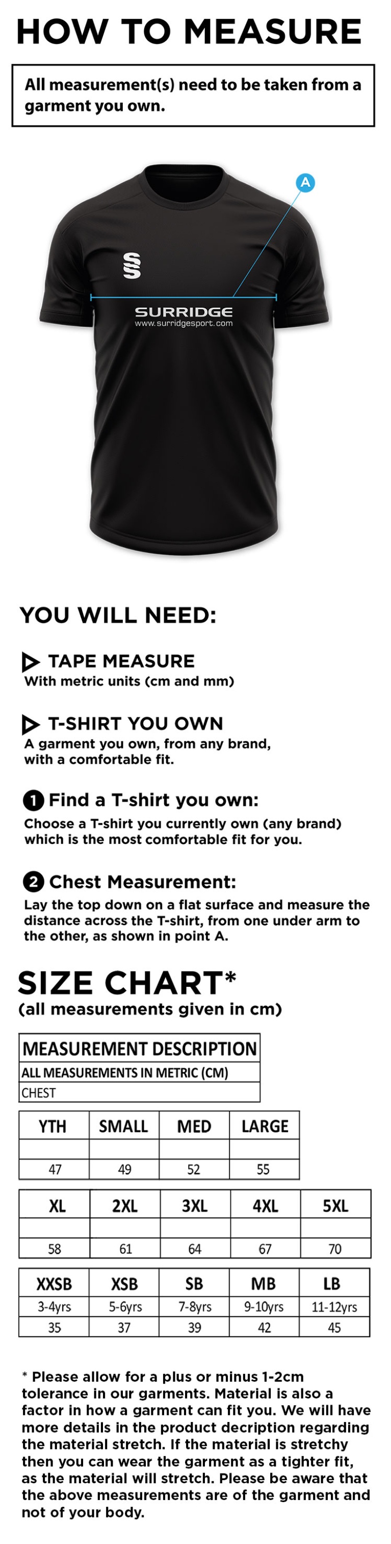 Winterton Cricket Club - Dual Gym Shirt - Size Guide