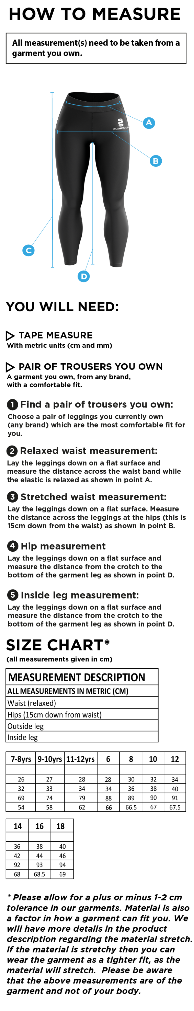 Winterton Cricket Club - Dual Leggings - Size Guide
