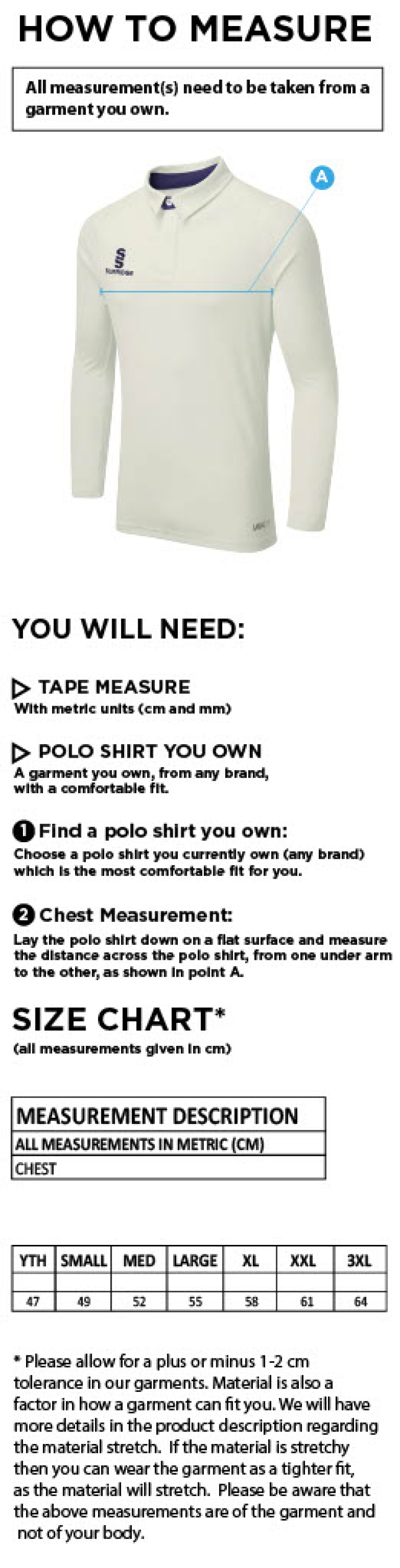 Winterton Cricket Club - Ergo Long Sleeve Cricket Shirt - Size Guide
