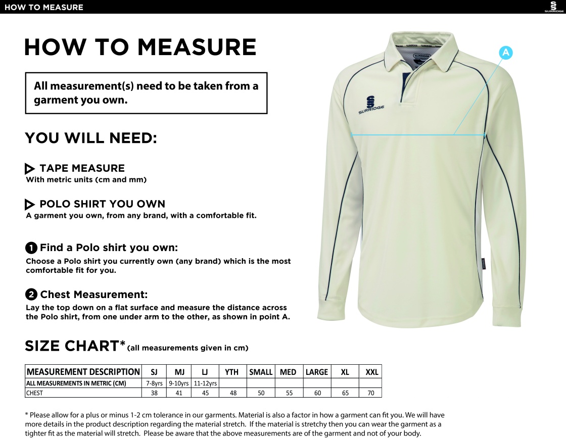 Winterton Cricket Club - Long Sleeve Shirt White Trim - Size Guide