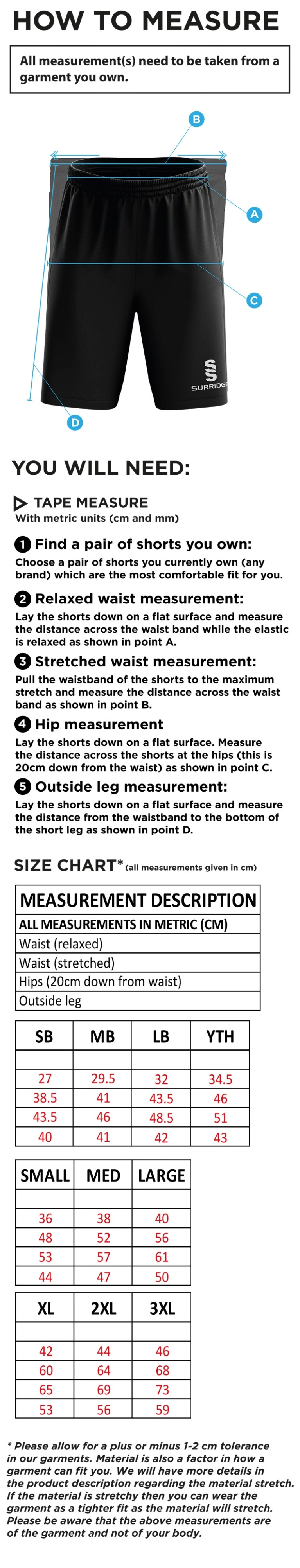 Winterton Cricket Club - Blade Training Shorts - Size Guide
