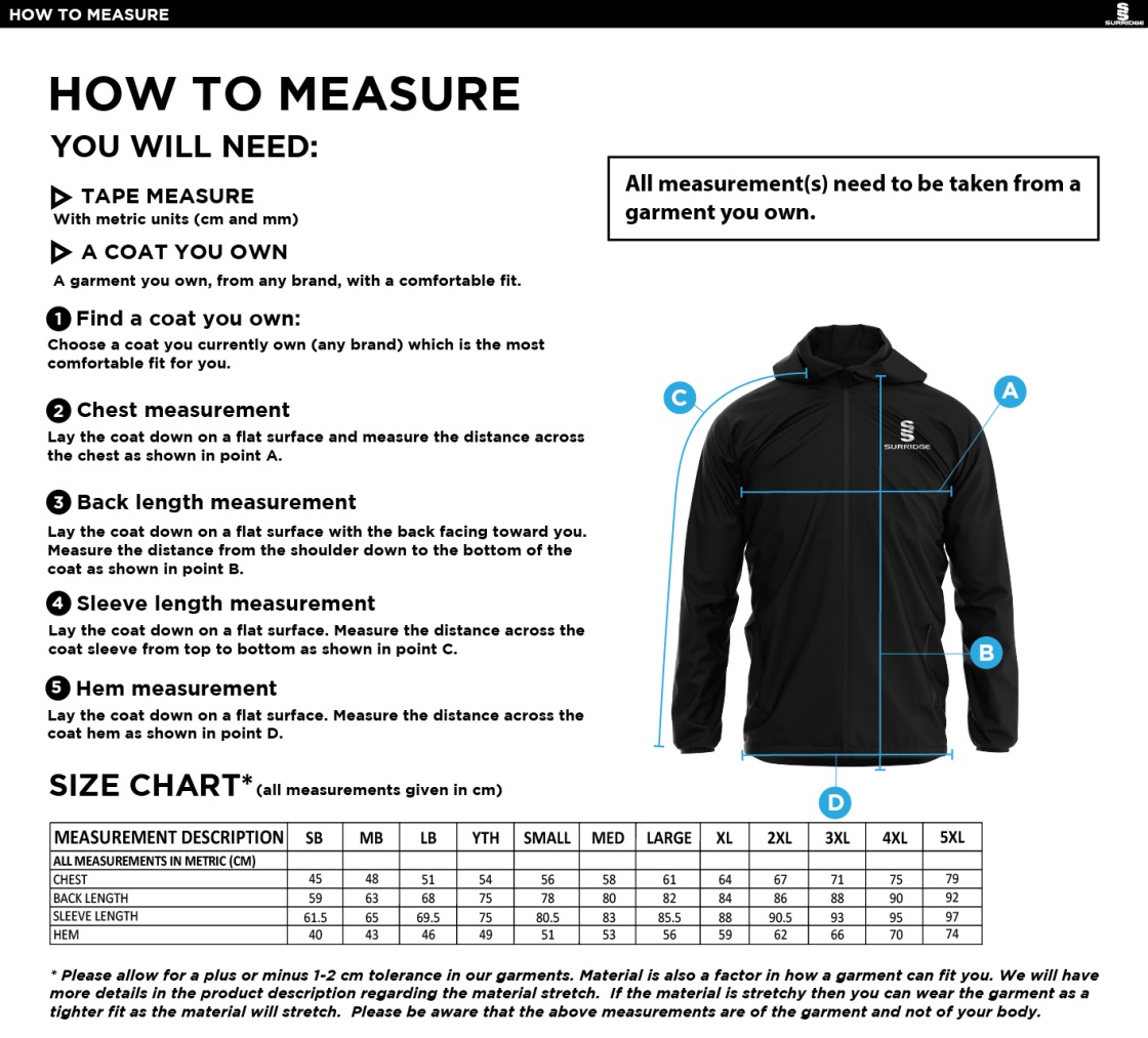 Winterton Cricket Club - Lightweight Full Zip Training Jacket - Size Guide