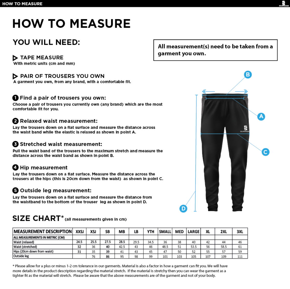Winterton Cricket Club - Slim Training Pants - Size Guide