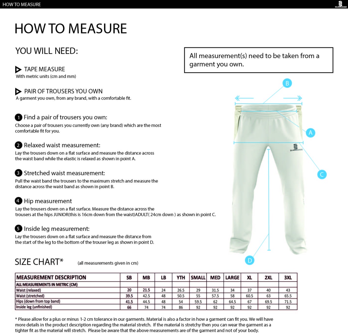 Winterton Cricket Club - Standard Playing Pant - Size Guide