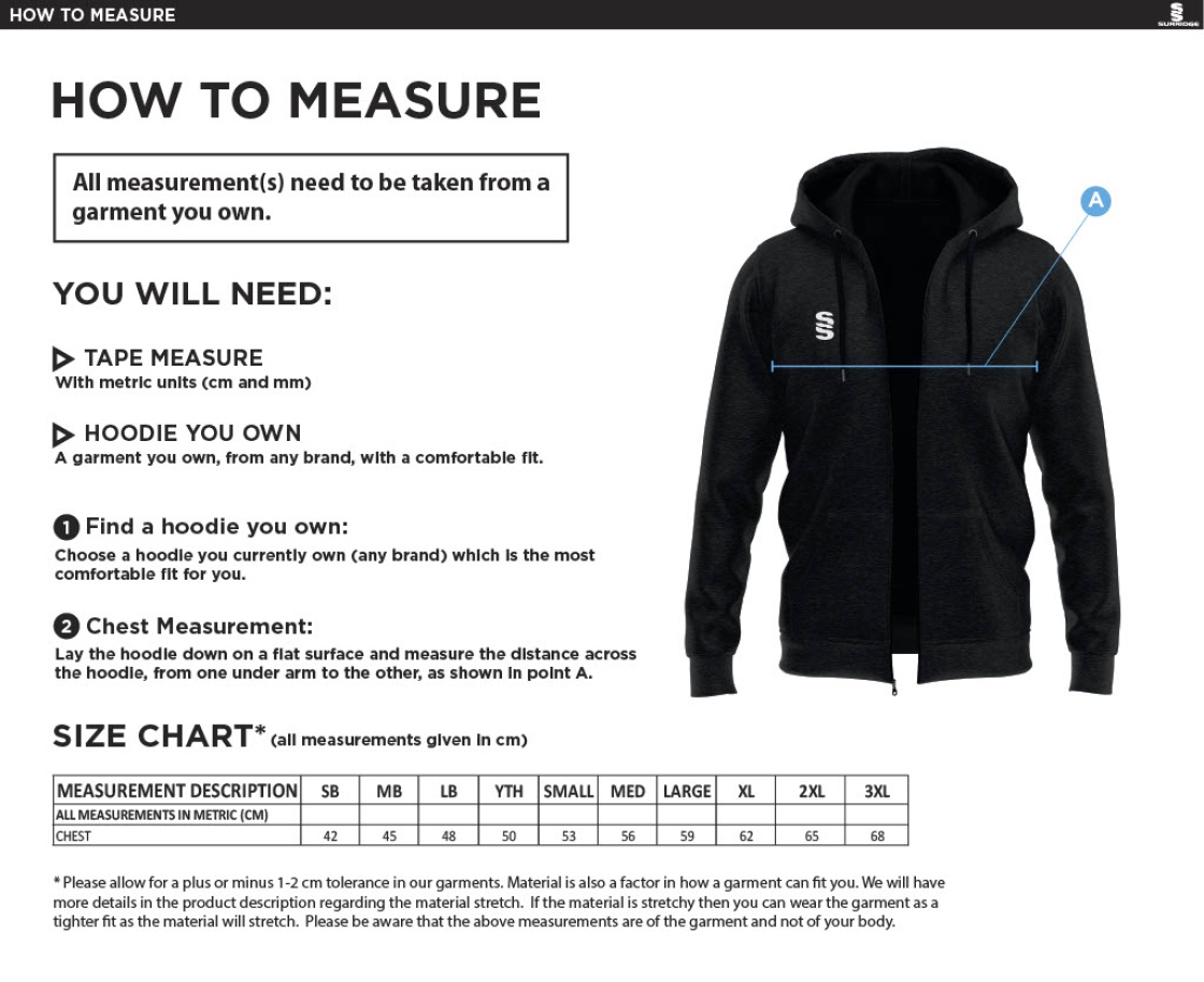 Winterton Cricket Club - Dual Bonded Full Zip Hoody - Size Guide