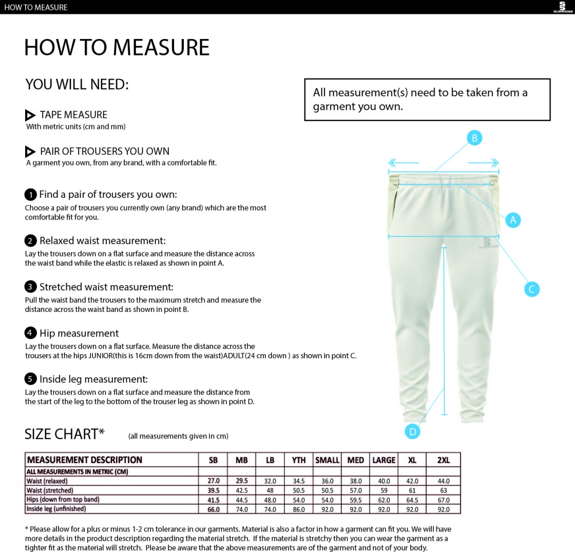 Winterton Cricket Club - Coloured Cricket Trousers - Size Guide