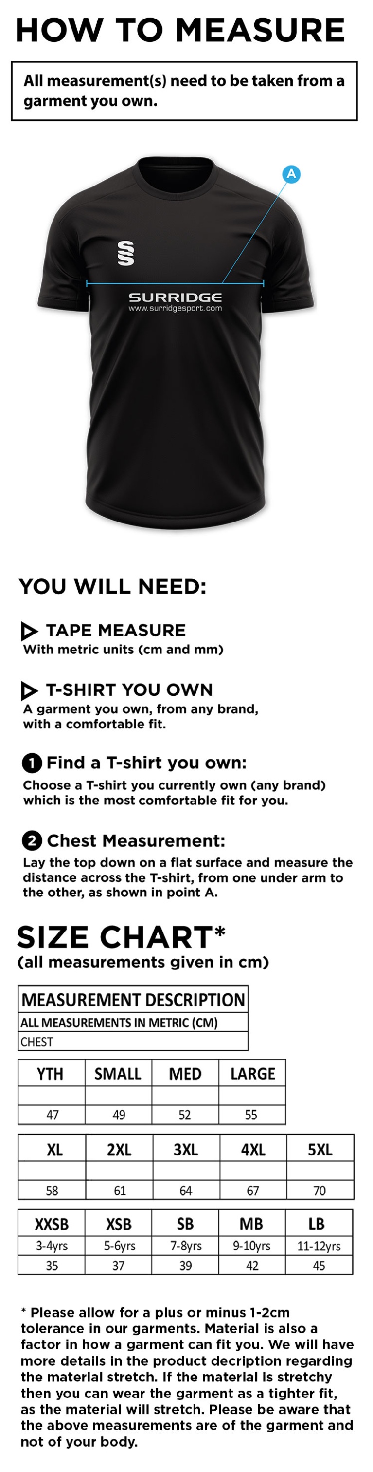 Winterton Cricket Club - Dual Games Shirt - Size Guide