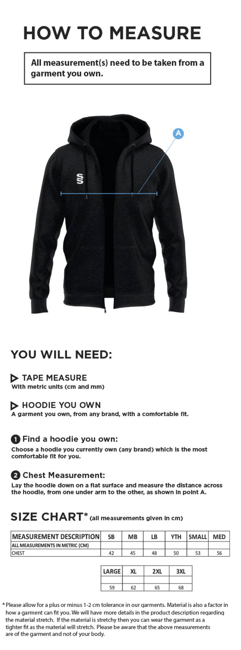 Winterton Cricket Club - Dual Bonded Full Zip Hoody - Size Guide