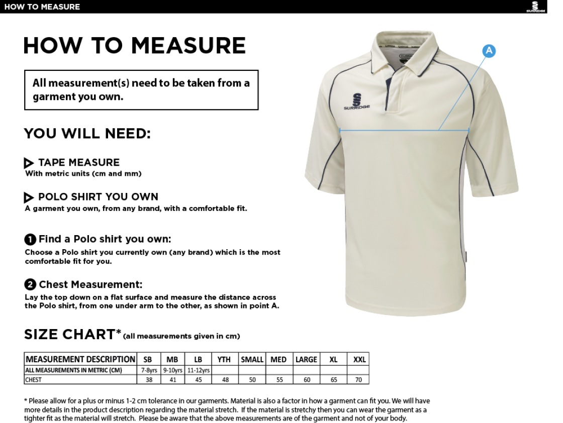Winterton Cricket Club - Dual Premier Short Sleeve Shirt - Size Guide