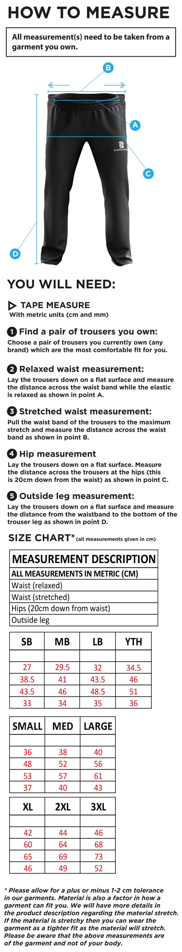 Winterton Cricket Club - Ripstop Track Pant - Size Guide