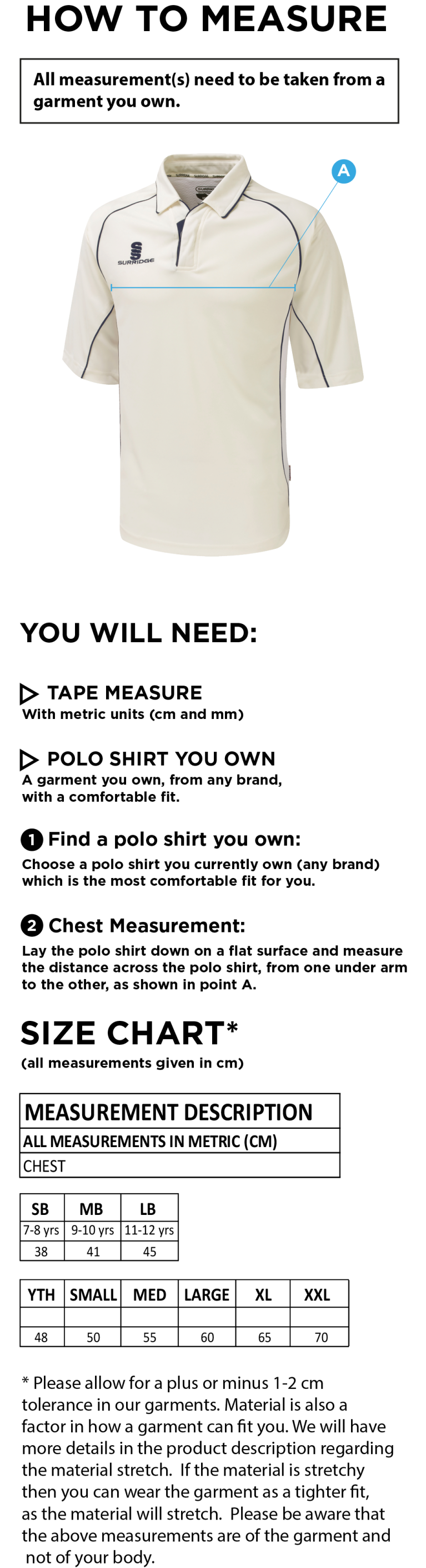 Winterton Cricket Club - Dual Premier Short Sleeve Shirt - Size Guide