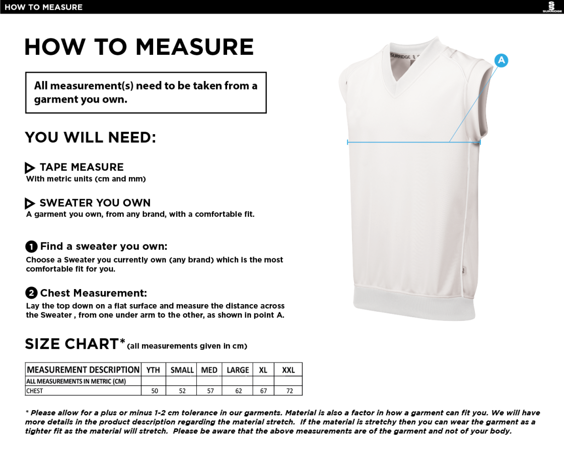Winterton Cricket Club - Curve Sleeveless Sweater - Size Guide