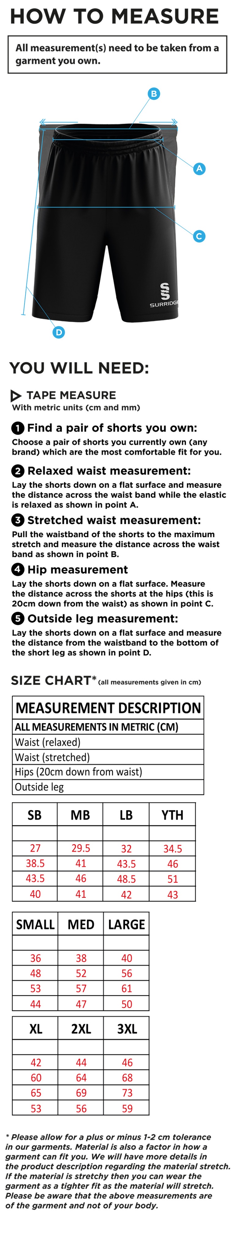 Winterton Cricket Club - Ripstop Leisure Shorts - Size Guide