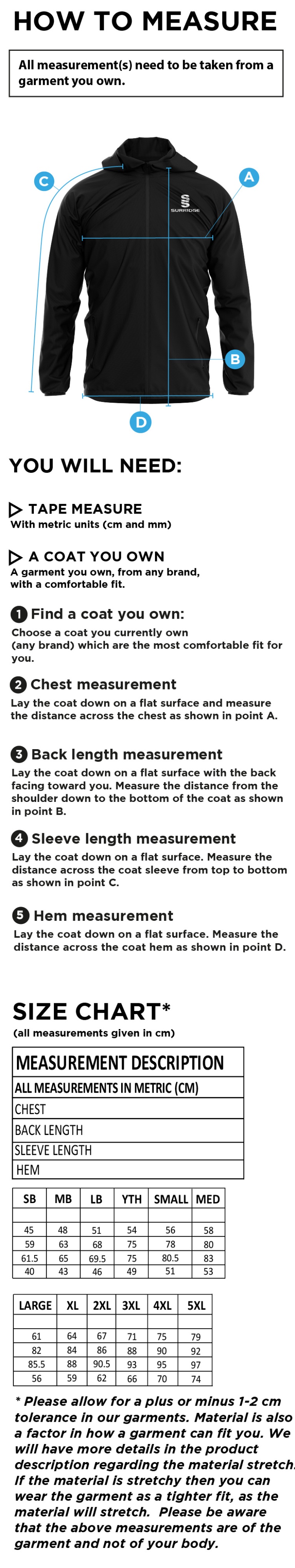 Winterton Cricket Club - Lightweight Full Zip Training Jacket - Size Guide