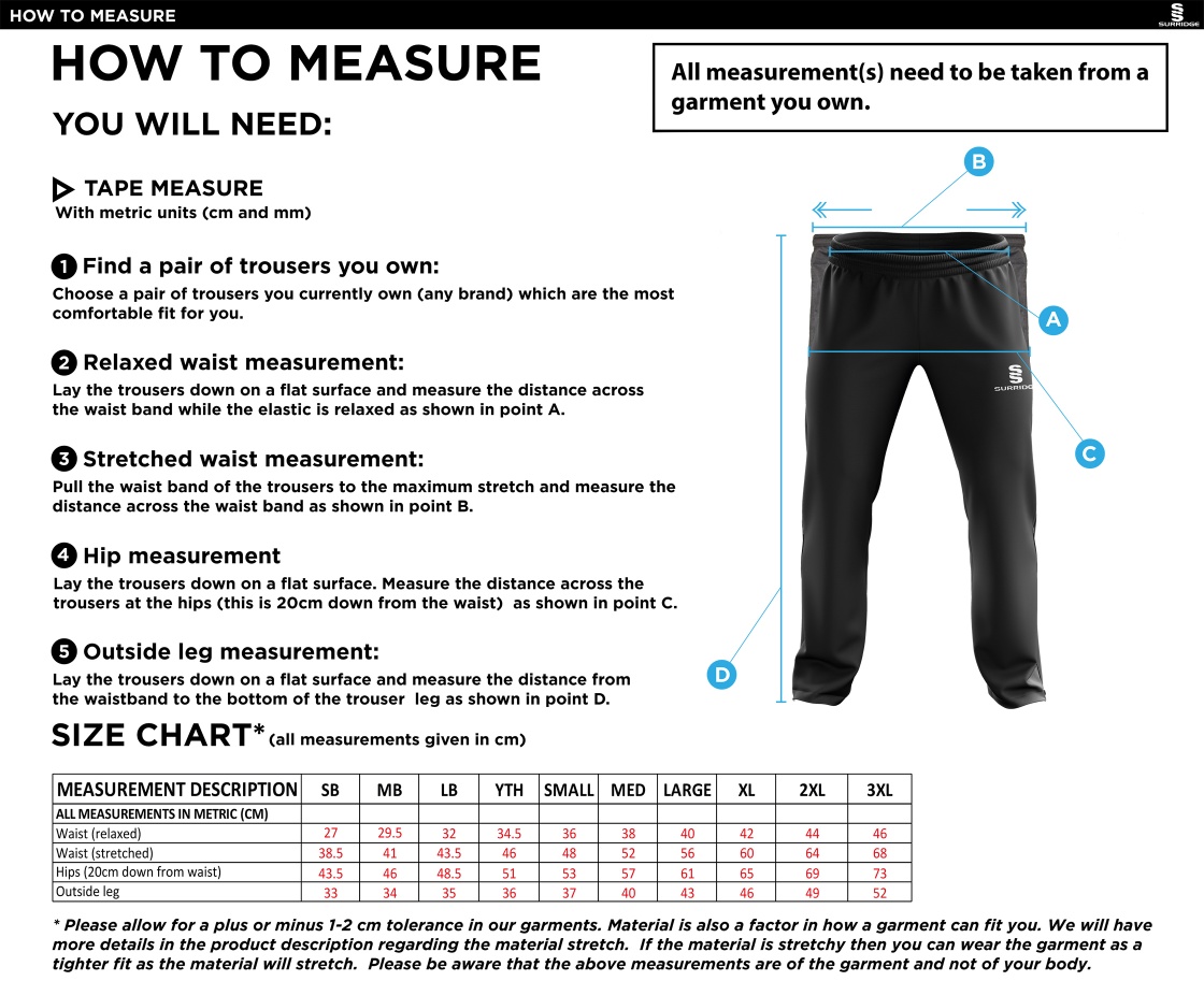 Winterton Cricket Club - Ripstop Track Pant - Size Guide