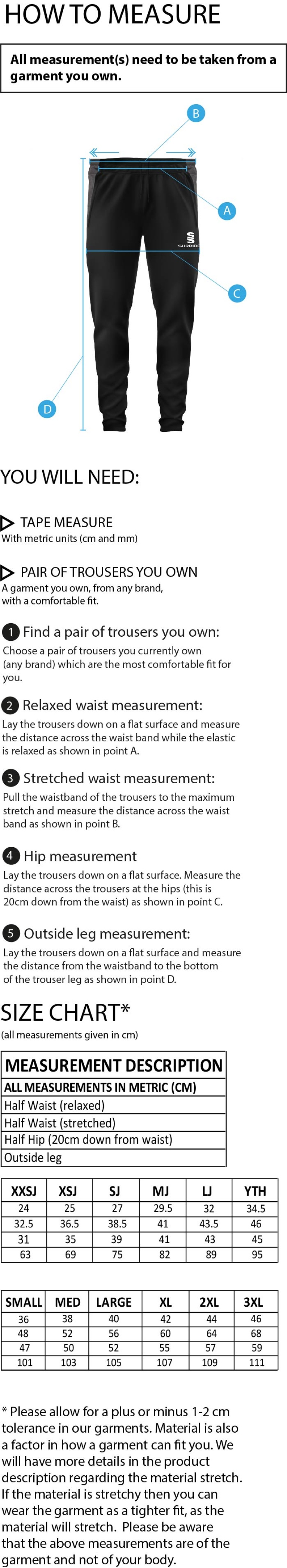 Winterton Cricket Club - Dual Skinny Pants - Size Guide
