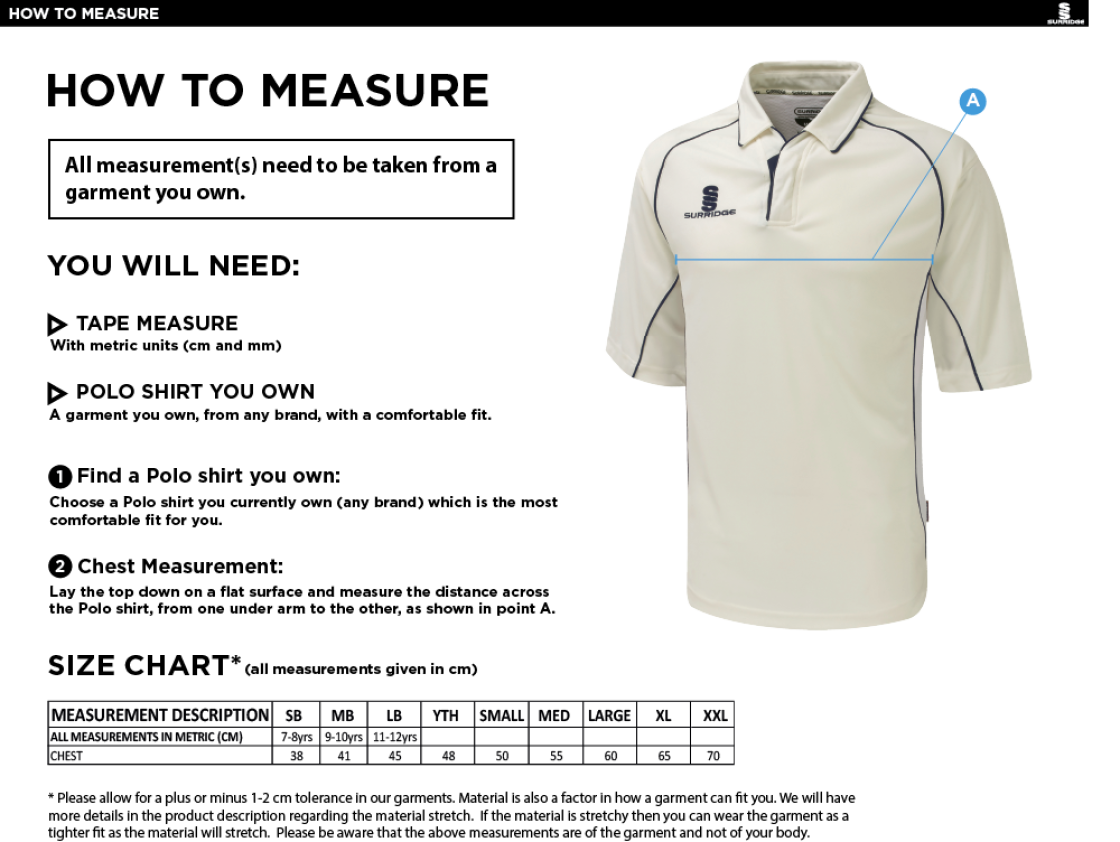Winterton Cricket Club - Dual Premier Short Sleeve Shirt - Size Guide