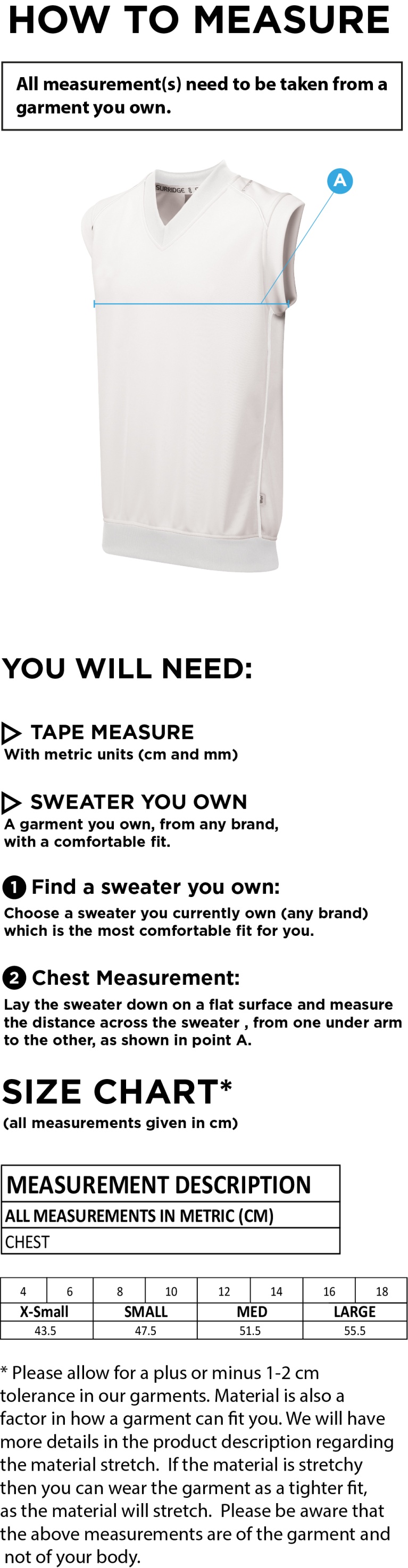 Blast Sleeveless Women's Cricket Sweater - Size Guide