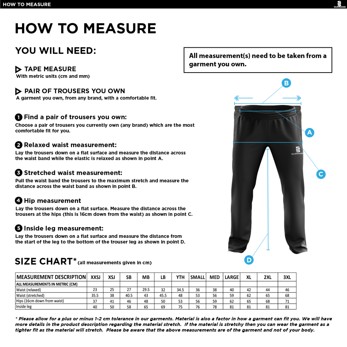 Winterton Cricket Club - Poplin Track Pant - Size Guide