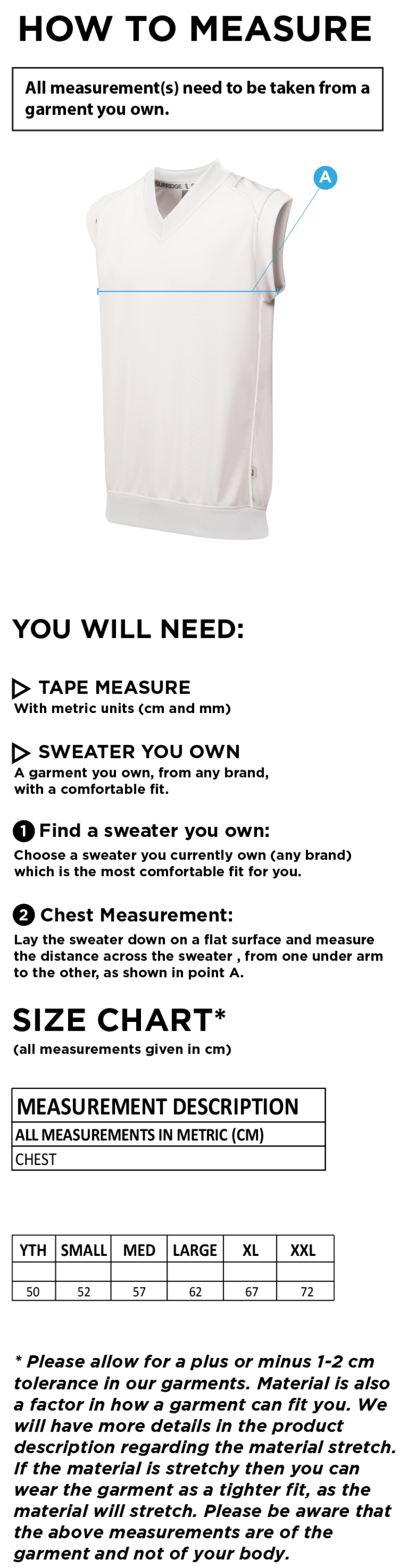Winterton Cricket Club - Curve Sleeveless Sweater - Size Guide