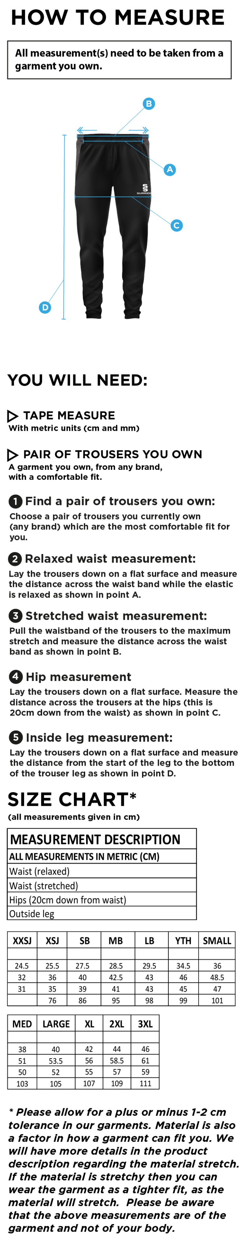 Winterton Cricket Club - Slim Training Pants - Size Guide