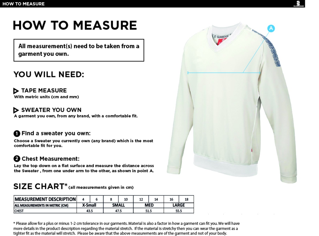 Blast Long Sleeve Women's Cricket Sweater - Size Guide