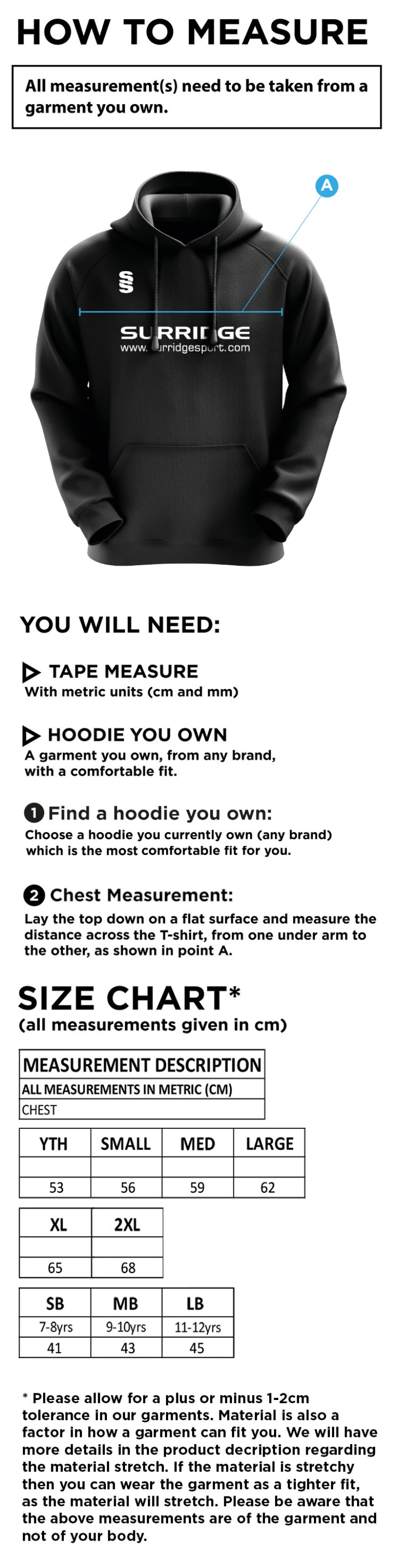 Winterton Cricket Club - Blade Hoody - Size Guide