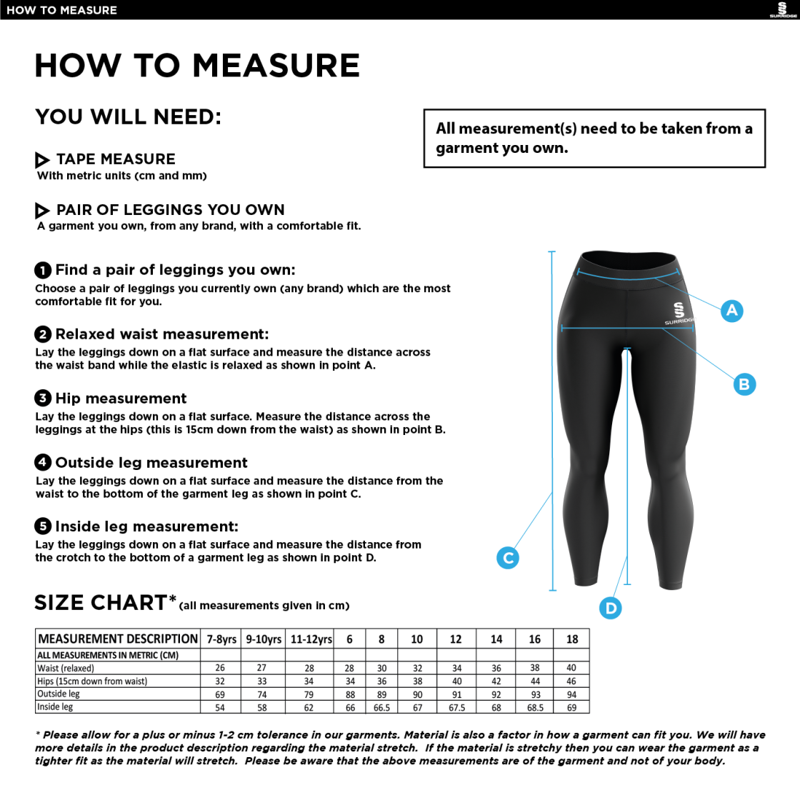 Winterton Cricket Club - Dual Leggings - Size Guide