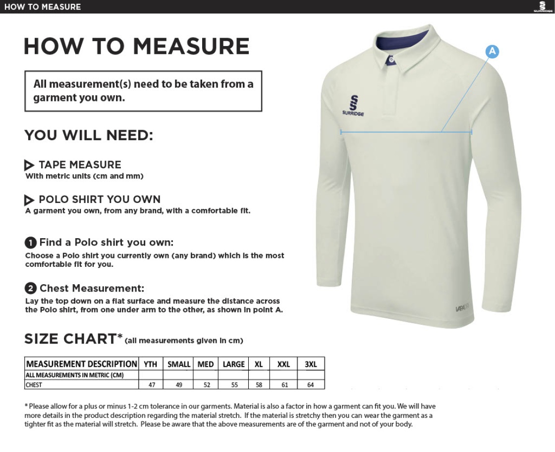 Winterton Cricket Club - Ergo Long Sleeve Cricket Shirt - Size Guide