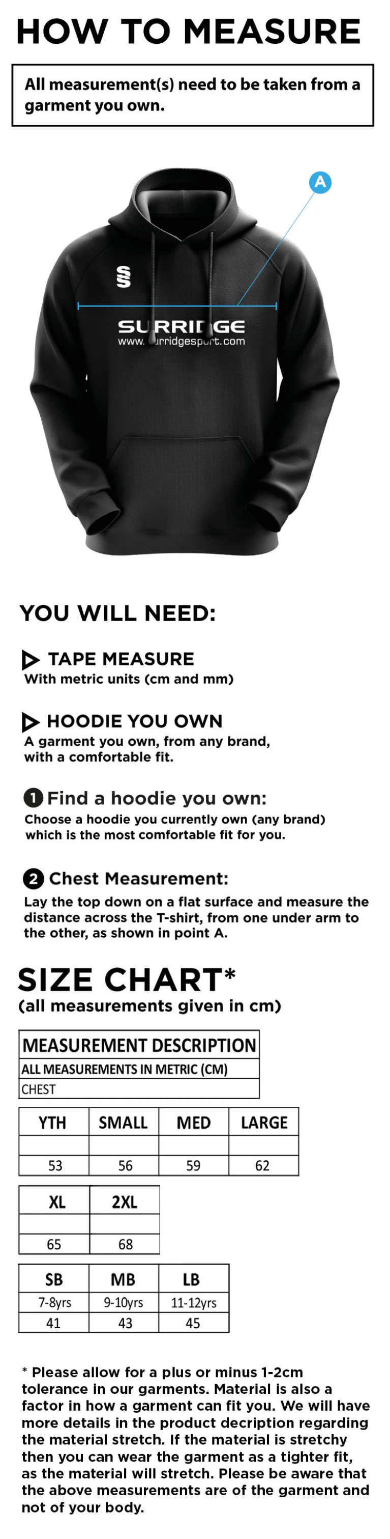 Winterton Cricket Club - Blade Hoody - Size Guide