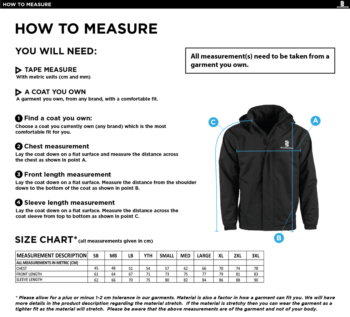 Winterton Cricket Club - Fleeced Line Jacket - Size Guide