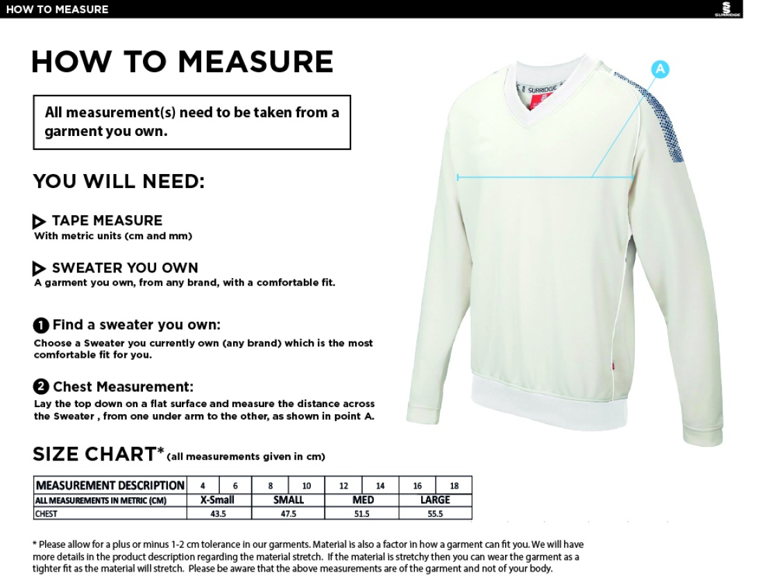 Blast Long Sleeve Women's Cricket Sweater - Size Guide