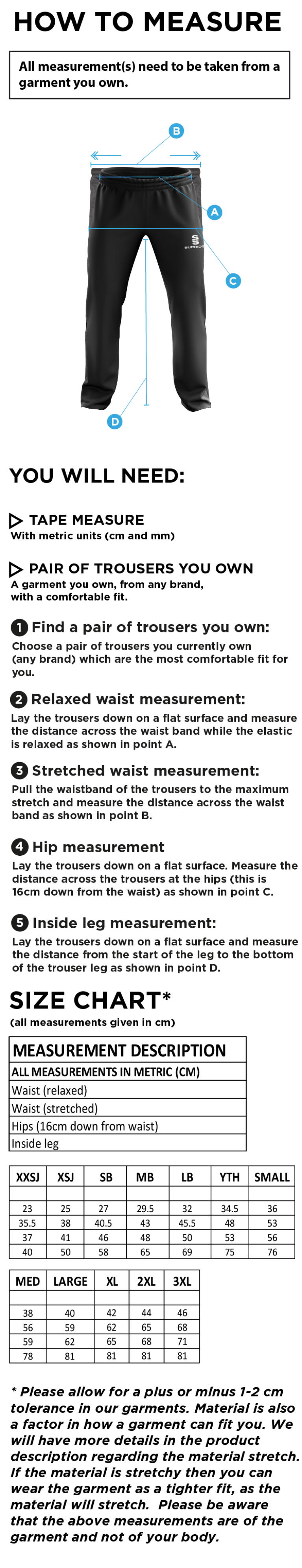 Winterton Cricket Club - Poplin Track Pant - Size Guide