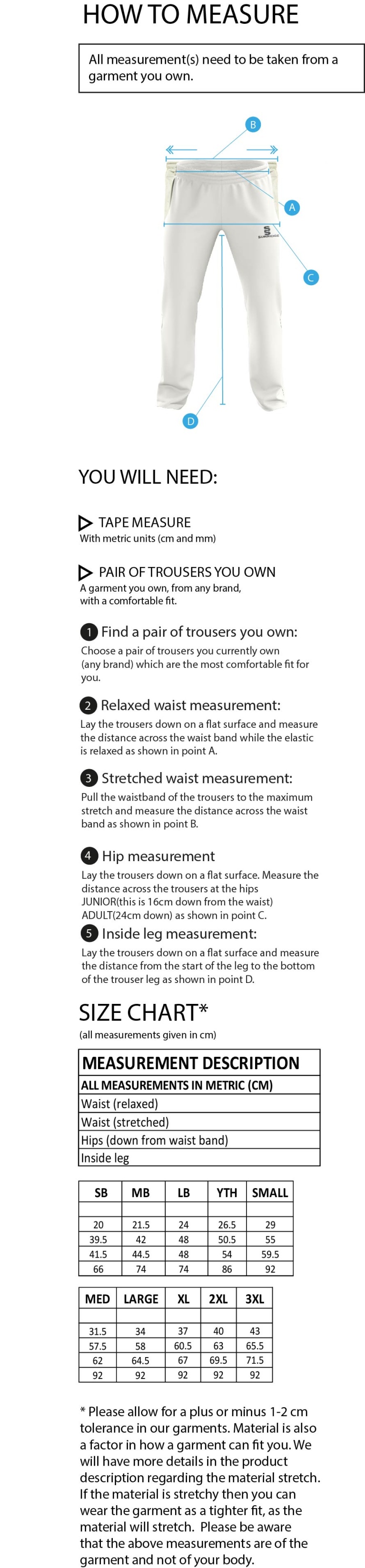 Winterton Cricket Club - Standard Playing Pant - Size Guide