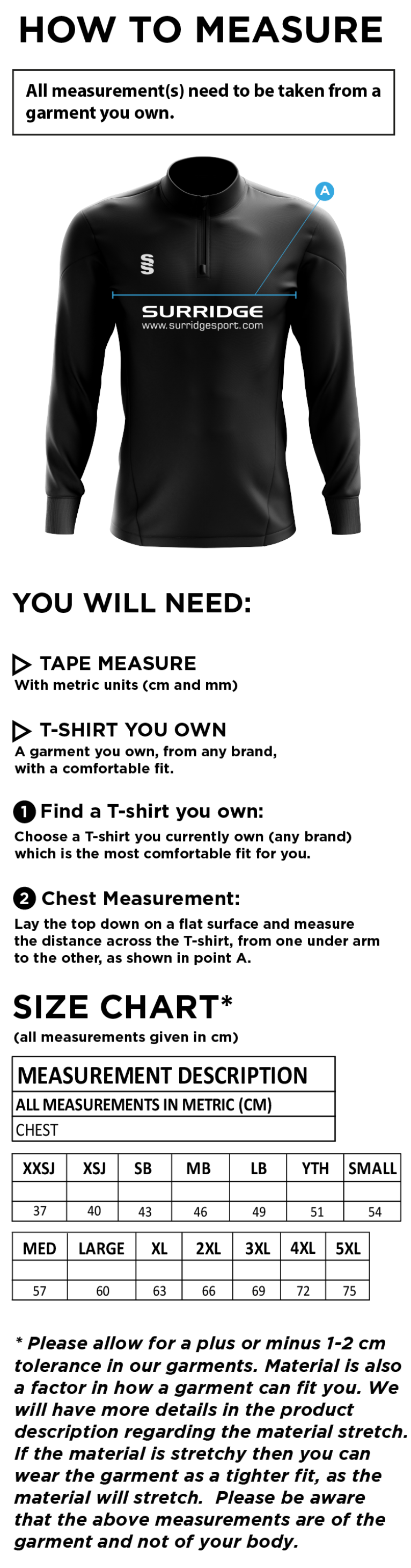 Winterton Cricket Club - Blade Performance Top - Size Guide