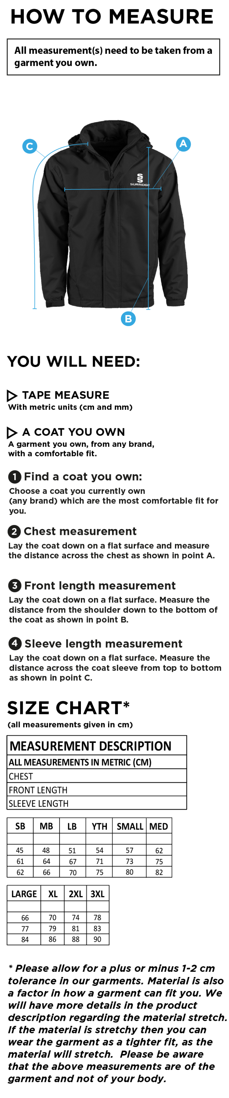 Winterton Cricket Club - Fleeced Line Jacket - Size Guide